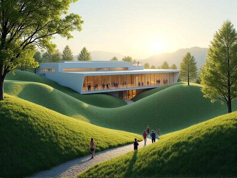 A picturesque view of a convention center nestled in a scenic countryside, surrounded by lush greenery and rolling hills. The building is modern yet blends harmoniously with the natural landscape, creating a serene and inviting atmosphere for attendees.