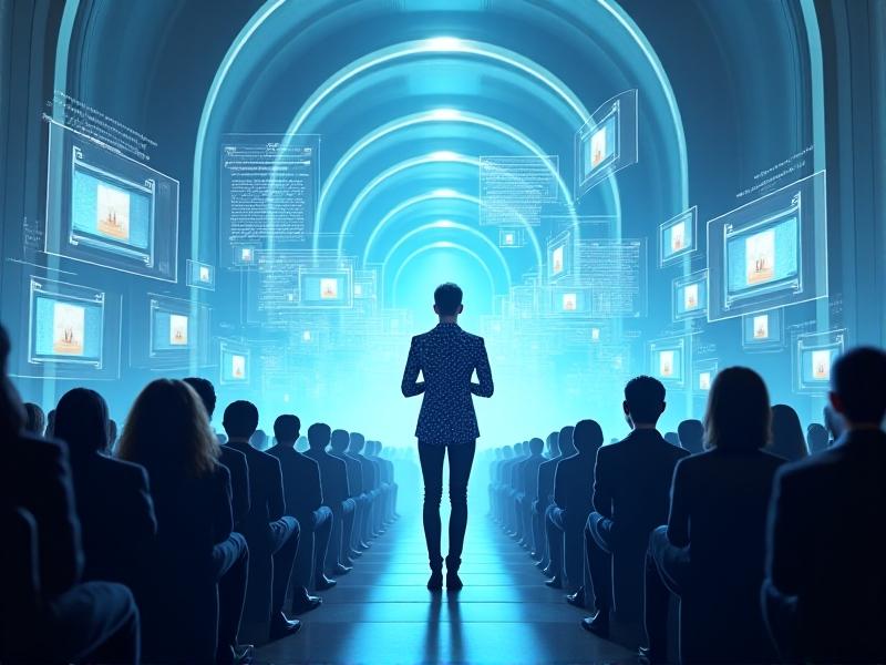 A futuristic depiction of a virtual whistle convention using advanced technology, featuring a holographic presenter delivering a speech to an attentive virtual audience. The scene is illuminated by a soft blue light, with interactive elements such as live polls and Q&A sessions displayed on floating screens, creating a cutting-edge and immersive experience.