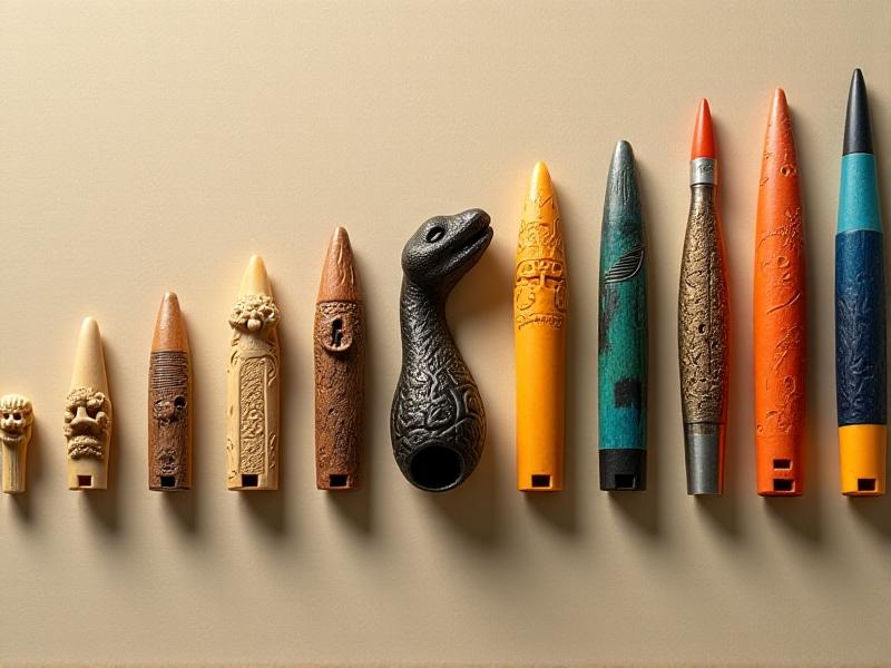 A collage of historical whistle designs, from ancient bone whistles to modern metal and plastic versions. Each whistle is displayed against a sepia-toned background, highlighting their intricate details and craftsmanship. The image captures the progression of whistle technology, with older designs on the left and contemporary models on the right.