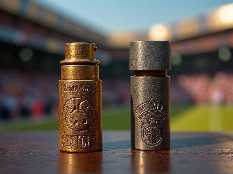 A vintage train whistle from the early 20th century, displayed alongside a modern artisan whistle crafted from stainless steel. The background features a blurred image of a bustling sports stadium, highlighting the diverse appeal of whistle collecting in North America.