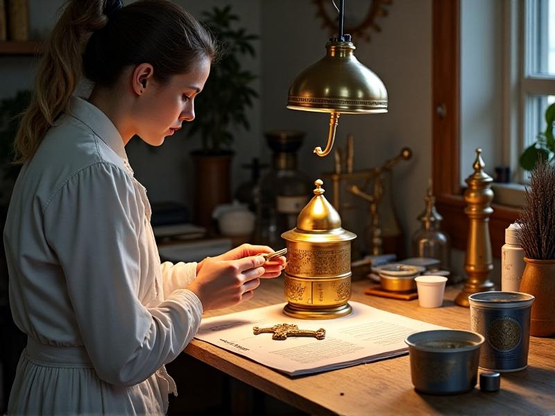 A person carefully cleaning an antique brass steam whistle with a soft cloth and mild soap solution, with tools like a small brush and compressed air canister laid out on a clean, well-lit workbench.