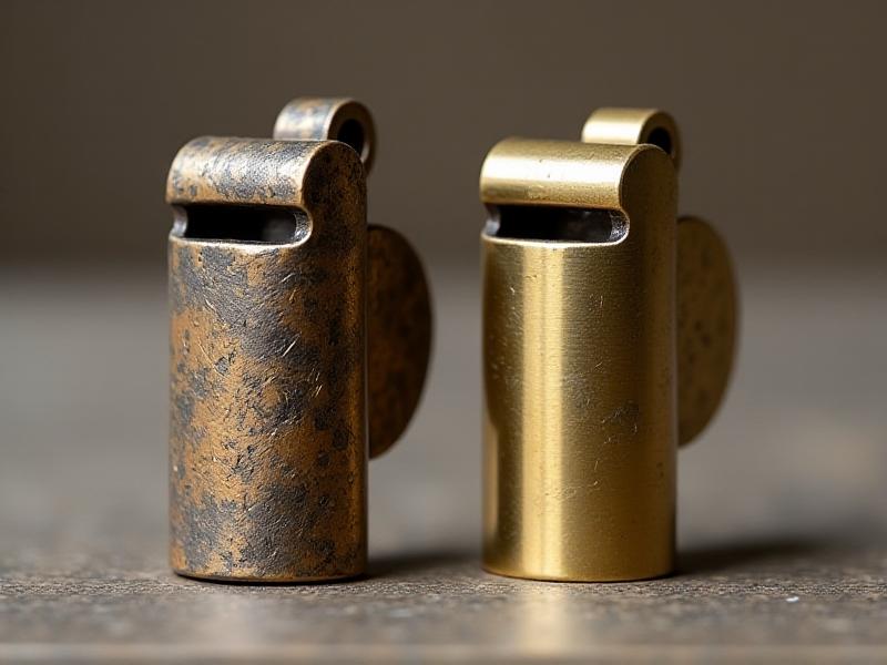 A side-by-side comparison of an authentic antique whistle and a modern reproduction. The authentic piece features a weathered brass finish with intricate engravings, while the reproduction has a polished, uniform appearance. The image emphasizes the differences in patina, craftsmanship, and detail, set against a neutral background for clarity.