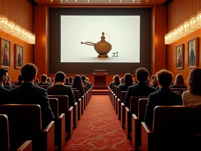An elegant interior of a high-end auction house, with rows of chairs facing a podium and a large screen displaying an antique whistle. The room is well-lit, with chandeliers casting a warm glow. The atmosphere is sophisticated, with a sense of anticipation and excitement.
