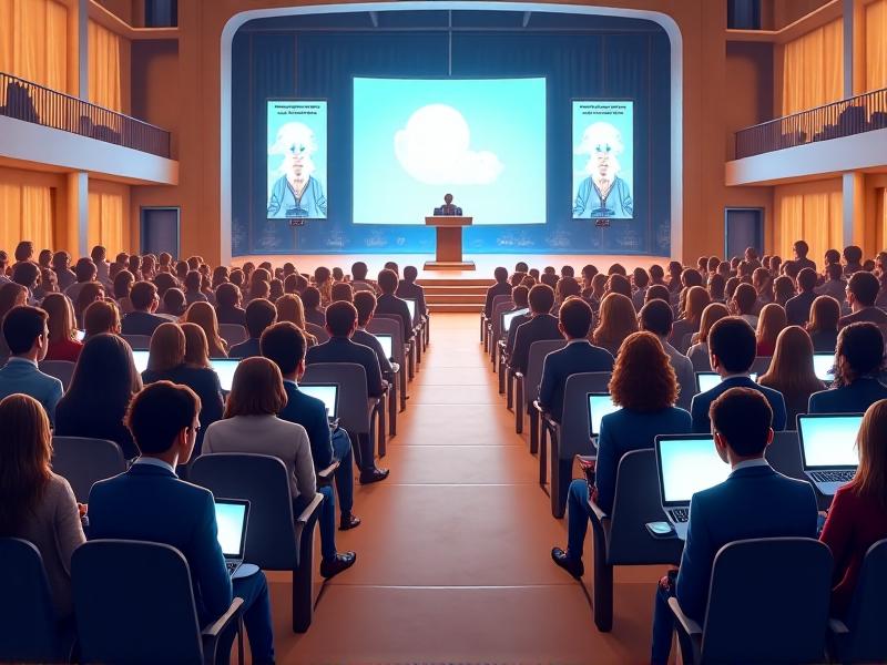 A diverse group of participants attending a hybrid whistle event, with in-person attendees seated in a conference hall and virtual participants joining via laptops and tablets, all engaged in a lively discussion.