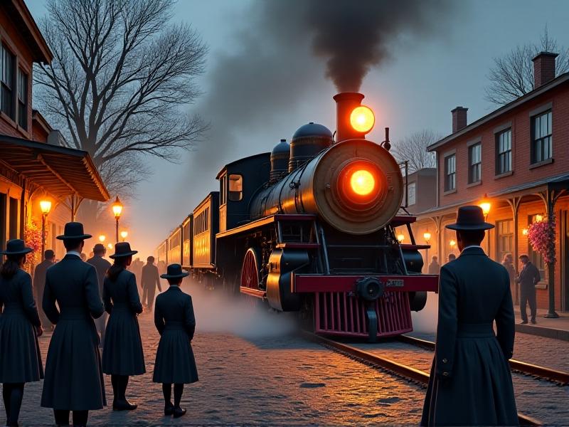 A vintage locomotive emitting a loud steam whistle sound at a railroad crossing, with a group of early 20th-century pedestrians stopping to look. The image emphasizes the role of brass whistles in ensuring safety during the early days of railroads.