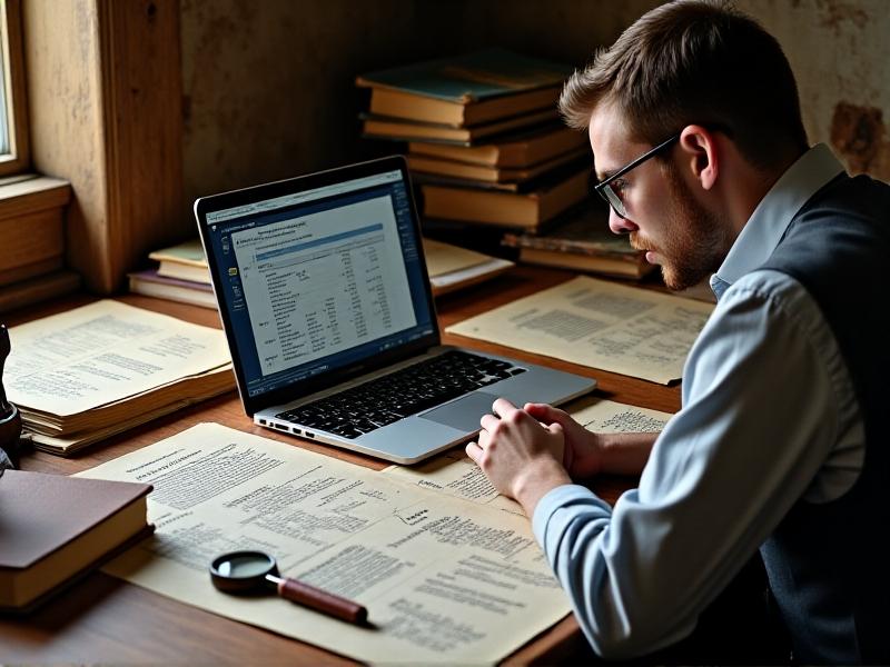 A person sitting at a desk with a laptop open, surrounded by books and documents related to whistle auctions. The desk is cluttered with notes, a magnifying glass, and a vintage whistle. The lighting is soft, creating a focused and studious atmosphere. The mood is one of determination and curiosity.