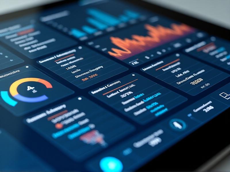 A close-up of a digital dashboard on a tablet, showcasing various features like data charts, customizable templates, and integration options. The interface is sleek and user-friendly, with a focus on functionality and ease of use.