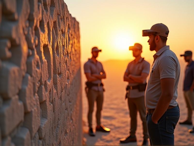 A team of archaeologists using a handheld 3D scanner to document the intricate carvings on an ancient stone monument in a sunlit archaeological site. The scanner’s laser beams illuminate the detailed patterns, while the team works meticulously to capture every nuance. The image highlights the intersection of technology and history, emphasizing preservation and discovery.