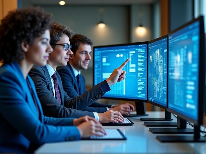 A diverse team of professionals collaborating in a virtual meeting, with digital tools displayed on their screens. The atmosphere is collaborative and dynamic, with a focus on teamwork and efficiency.
