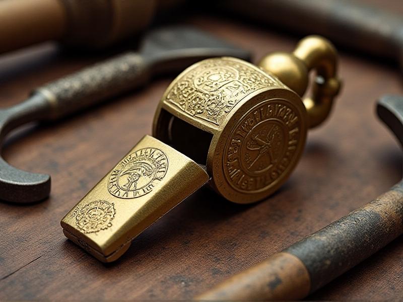 A close-up of an early 19th-century brass whistle, displaying its detailed engravings and smooth, reflective surface. The image captures the craftsmanship and artistry involved in creating these essential railroad tools, set against a wooden workbench with tools scattered around.