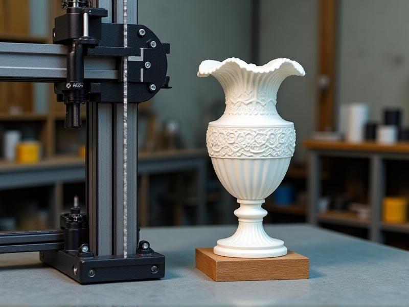 A high-resolution 3D printer in the process of creating a replica of a classical Greek vase. The printer’s nozzle moves precisely, depositing layers of white resin to form the intricate patterns of the vase. The final product sits nearby, showcasing the seamless blend of ancient craftsmanship and modern technology.