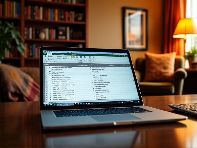A digital spreadsheet displayed on a laptop screen, showing a detailed list of whistle inventory with columns for description, condition, and value, set against a backdrop of a cozy home office.